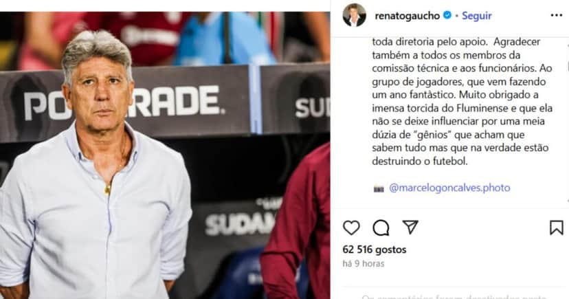 Renato Gaúcho pede demissão do Fluminense - Foto: Instagram Renato Gaúcho pede demissão do Fluminense - Foto: Instagram
