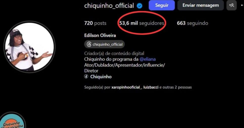 Edílson Oliveira conta com 53,6 mil seguidores na conta do seu personagem em perfil oficial (Foto Reprodução/Instagram/@chiquinho_official) Edílson Oliveira conta com 53,6 mil seguidores na conta do seu personagem em perfil oficial (Foto Reprodução/Instagram/@chiquinho_official)