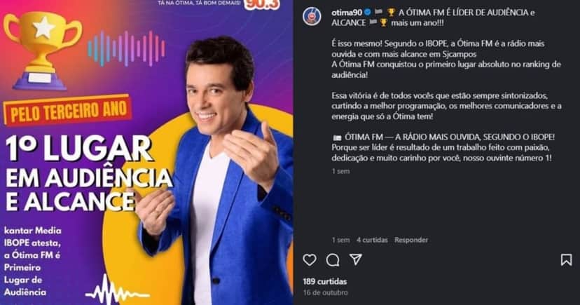 ÓtimaFM ganhou liderança de audiência neste mês de outubro (Foto Reprodução/Montagem/Lennita/TV Foco/Canva/Instagram@Otima90) ÓtimaFM ganhou liderança de audiência neste mês de outubro (Foto Reprodução/Montagem/Lennita/TV Foco/Canva/Instagram@Otima90)