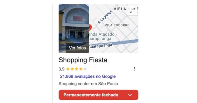 Shopping Fiesta consta como encerrado no Google (Foto Reprodução/Maps) Shopping Fiesta consta como encerrado no Google (Foto Reprodução/Maps)