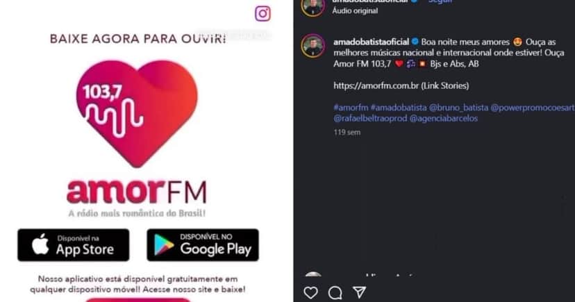 Anúncio da Amor FM antes de ser vendida em 2024 (Foto Reprodução/@amadobatistaoficial) Anúncio da Amor FM antes de ser vendida em 2024 (Foto Reprodução/@amadobatistaoficial)