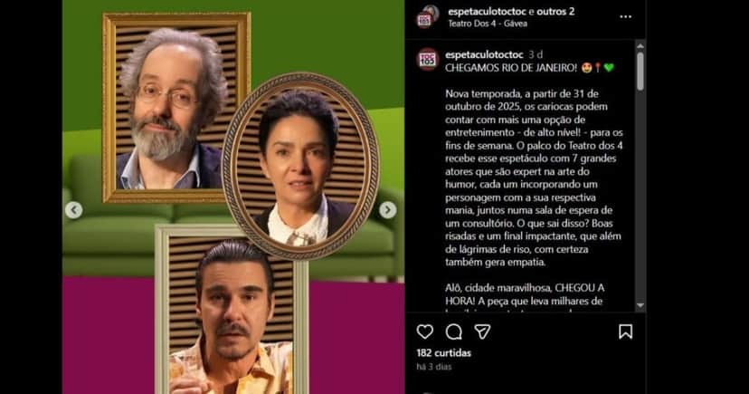 André Gonçalves está em cartaz com a peça TOC, no Rio de Janeiro (Foto Reprodução/Instagram@espetaculodoc) André Gonçalves está em cartaz com a peça TOC, no Rio de Janeiro (Foto Reprodução/Instagram@espetaculodoc)