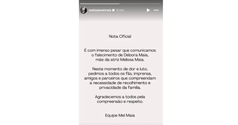 Comunicado de Mel Maia sobre morte de Débora Maia (Foto: Reprodução / Instagram) Comunicado de Mel Maia sobre morte de Débora Maia (Foto: Reprodução / Instagram)