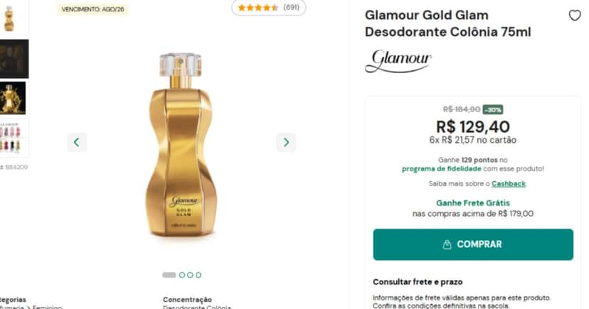 Glamour Gold Glam Desodorante Colônia 75ml (Foto: Reprodução) Glamour Gold Glam Desodorante Colônia 75ml (Foto: Reprodução)