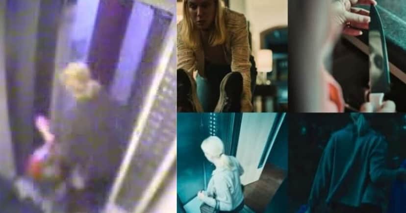 Filmagens reais do elevador com Elize e as malas com o corpo do marido, amplamente televisionadas/ Cena da sequência do assassinato dramatizado na série Tremembé (Foto Reprodução/Montagem/Lennita/TV Foco/YouTube/ Prime) Filmagens reais do elevador com Elize e as malas com o corpo do marido, amplamente televisionadas/ Cena da sequência do assassinato dramatizado na série Tremembé (Foto Reprodução/Montagem/Lennita/TV Foco/YouTube/ Prime)