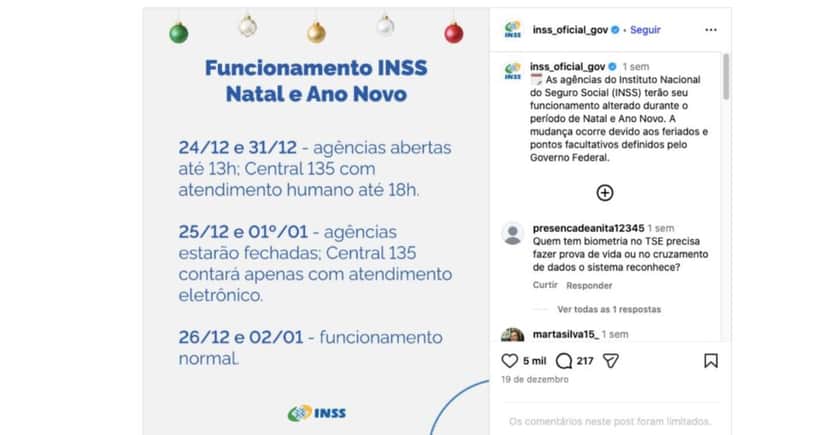 Informe do INSS sobre funcionamento presencial de agências no Ano Novo (Foto: Reprodução / Instagram) Informe do INSS sobre funcionamento presencial de agências no Ano Novo (Foto: Reprodução / Instagram)
