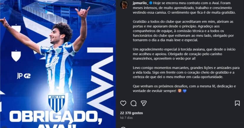 JP se despede do Avaí e volta ao Vasco da Gama - Foto: Instagram JP se despede do Avaí e volta ao Vasco da Gama - Foto: Instagram