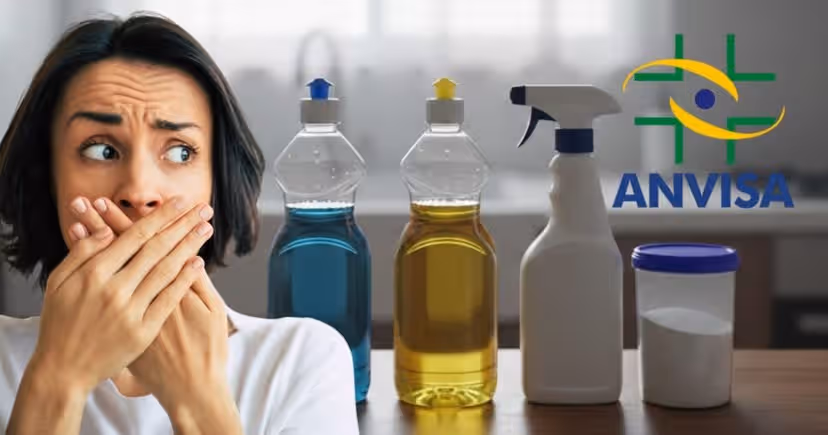 Ilustração mulher assustada, produtos de limpeza e logo Anvisa (Foto: Montagem TV Foco / GMN / Canva / Internet) Ilustração mulher assustada, produtos de limpeza e logo Anvisa (Foto: Montagem TV Foco / GMN / Canva / Internet)