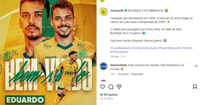 Eduardo é o novo reforço do Mirassol - Foto: Instagram Eduardo é o novo reforço do Mirassol - Foto: Instagram