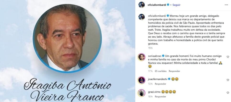 Lombardi lamenta morte de amigo (Foto: Reprodução / Instagram) Lombardi lamenta morte de amigo (Foto: Reprodução / Instagram)