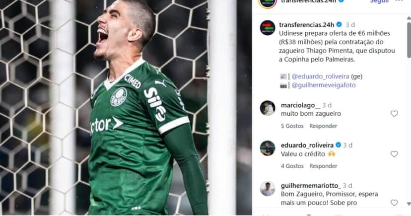 Thiago Pimenta pode ser vendido pelo Palmeiras - Foto: Print Thiago Pimenta pode ser vendido pelo Palmeiras - Foto: Print
