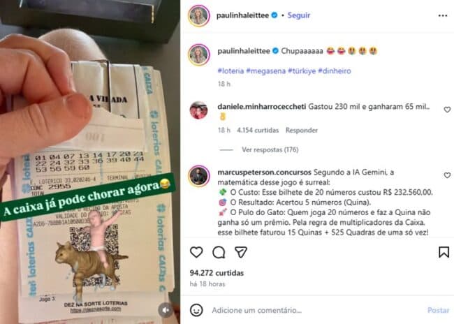 Ex-BBB Paulinha ganhou na loteria novamente (Foto: Reprodução / Instagram)
Ex-BBB Paulinha ganhou na loteria novamente (Foto: Reprodução / Instagram)