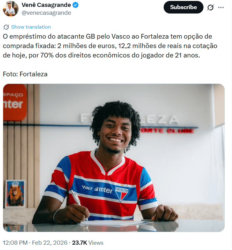 GB pertence ao Vasco e está emprestado o Fortaleza - Foto: Print GB pertence ao Vasco e está emprestado o Fortaleza - Foto: Print