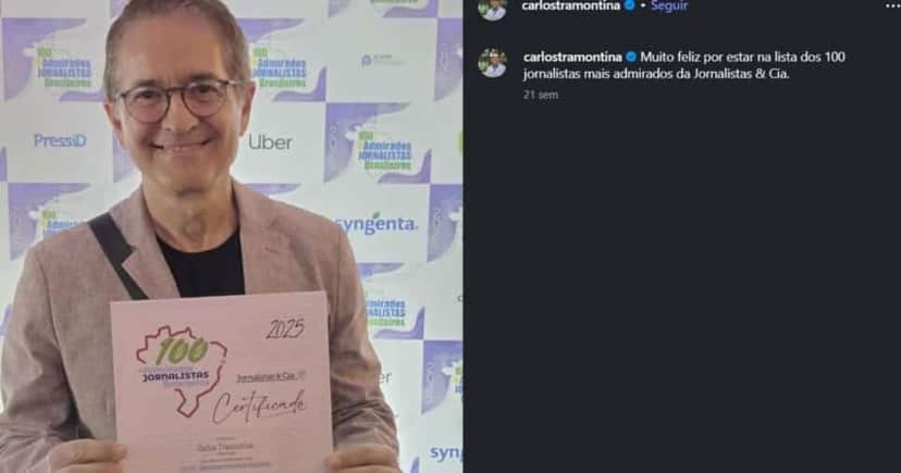 Carlos Tramontina esteve entre os 100 jornalistas mais admirados da Jornalista&Cia em 2025 (Foto Reprodução/Instagram/@Carlos Tramontina) Carlos Tramontina esteve entre os 100 jornalistas mais admirados da Jornalista&Cia em 2025 (Foto Reprodução/Instagram/@Carlos Tramontina)