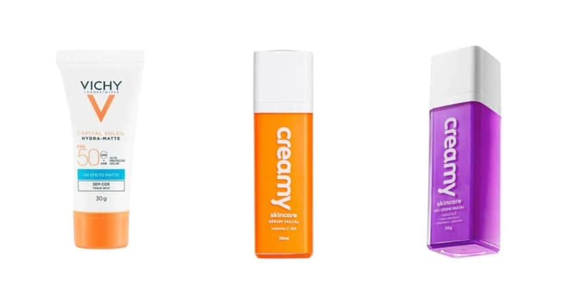 Protetor Solar Facial Vichy Capital Soleil, Sérum Facial Vitamina C e Creamy Gel-Creme Retinol 0,3 (Fotos: Reproduções / Droga Raia / Vichy / Creamy) Protetor Solar Facial Vichy Capital Soleil, Sérum Facial Vitamina C e Creamy Gel-Creme Retinol 0,3 (Fotos: Reproduções / Droga Raia / Vichy / Creamy)