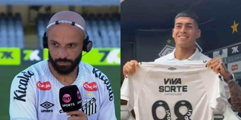 Thaciano e Adonis Frías fora do próximo jogo do Santos (Reprodução: TNT Sports / Youtube) Thaciano e Adonis Frías fora do próximo jogo do Santos (Reprodução: TNT Sports / Youtube)