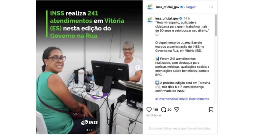 Anúncio do INSS sobre Programa na Rua em Vitória (Foto: Reprodução / Instagram) Anúncio do INSS sobre Programa na Rua em Vitória (Foto: Reprodução / Instagram)