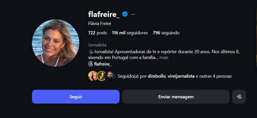 Bio de Flávia Freire nas redes sociais (Foto Reprodução/Montagem/Lennita/TV Foco/Instagram/@Flavia Freire) Bio de Flávia Freire nas redes sociais (Foto Reprodução/Montagem/Lennita/TV Foco/Instagram/@Flavia Freire)
