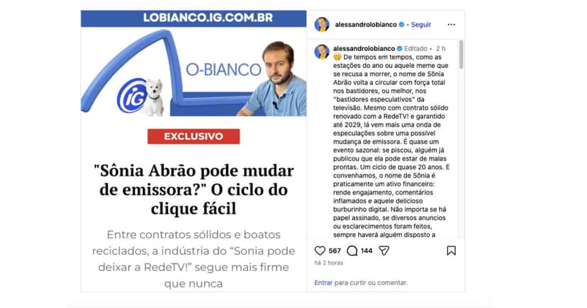 Alessandro Lo-Bianco nega saída de Sonia Abrão da RedeTV! (Foto: Reprodução / Instagram) Alessandro Lo-Bianco nega saída de Sonia Abrão da RedeTV! (Foto: Reprodução / Instagram)