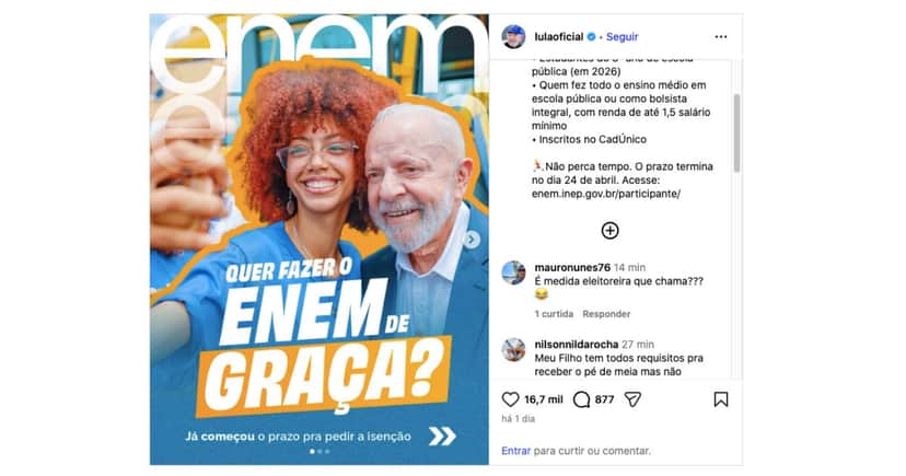 Anúncio de Luiz Inácio Lula da Silva sobre o Enem (Foto: Reprodução / Instagram) Anúncio de Luiz Inácio Lula da Silva sobre o Enem (Foto: Reprodução / Instagram)