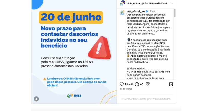 Anúncio do INSS sobre contestação de descontos (Foto: Reprodução / Instagram) Anúncio do INSS sobre contestação de descontos (Foto: Reprodução / Instagram)