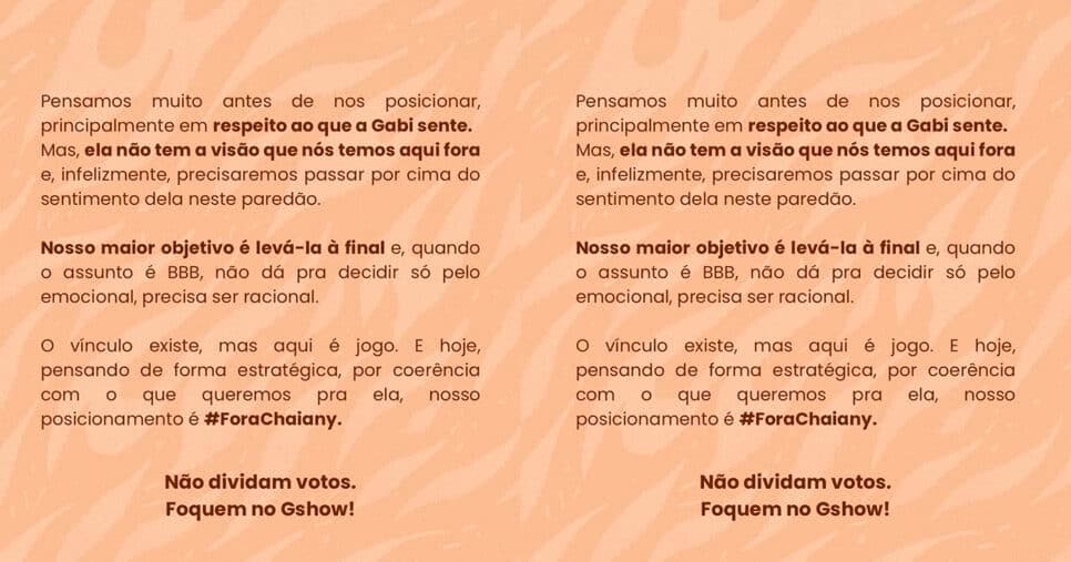 BBB26 - Equipe de Gabriela puxa votos para eliminar Chaiany e choca fãs (Foto: Reprodução - Instagram) BBB26 - Equipe de Gabriela puxa votos para eliminar Chaiany e choca fãs (Foto: Reprodução - Instagram)