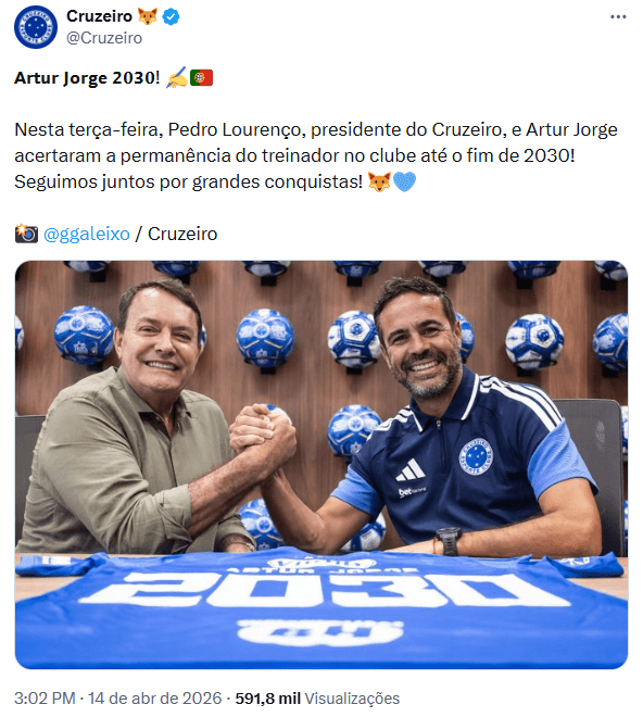 Cruzeiro renova com Artur Jorge até 2020 - Foto: Reprodução - X Cruzeiro renova com Artur Jorge até 2020 - Foto: Reprodução - X