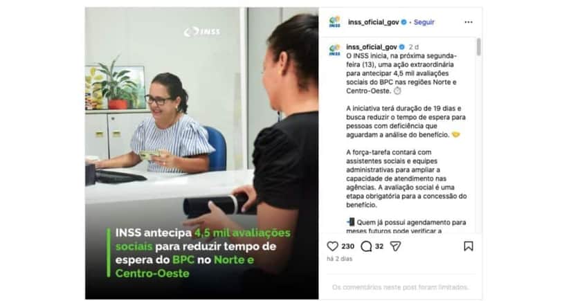 INSS inicia força-tarefa extraordinária para avaliações do BPC (Foto: Reprodução / Instagram) INSS inicia força-tarefa extraordinária para avaliações do BPC (Foto: Reprodução / Instagram)