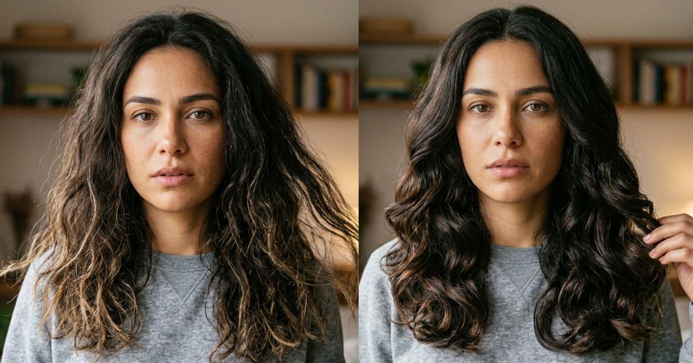 Ilustração antes e depois de cabelo danificado (Foto: Montagem TV Foco / GMN) Ilustração antes e depois de cabelo danificado (Foto: Montagem TV Foco / GMN)