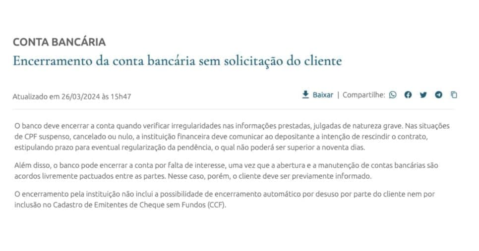 Informe do Banco Central sobre fechamento de contas (Foto: BC) Informe do Banco Central sobre fechamento de contas (Foto: BC)