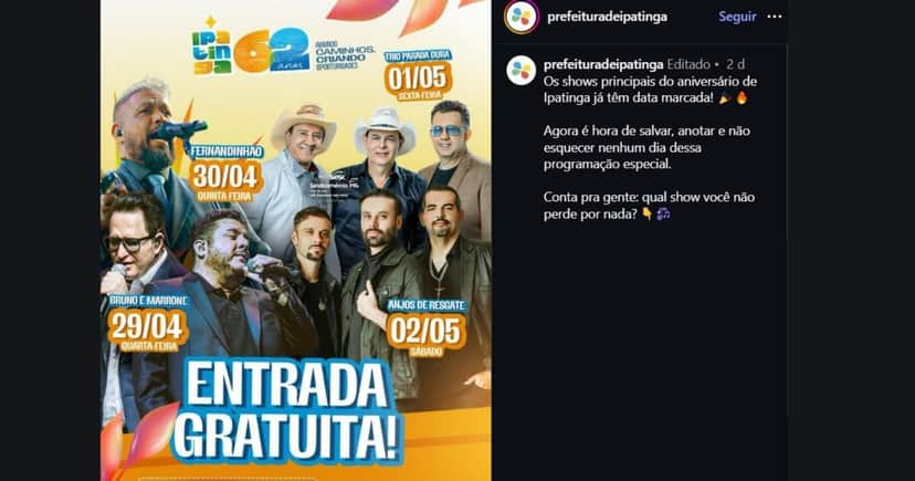 Feriado de aniversário da cidade de Ipatinga contará com shows para celebrar (Foto Reprodução/Instagram) Feriado de aniversário da cidade de Ipatinga contará com shows para celebrar (Foto Reprodução/Instagram)