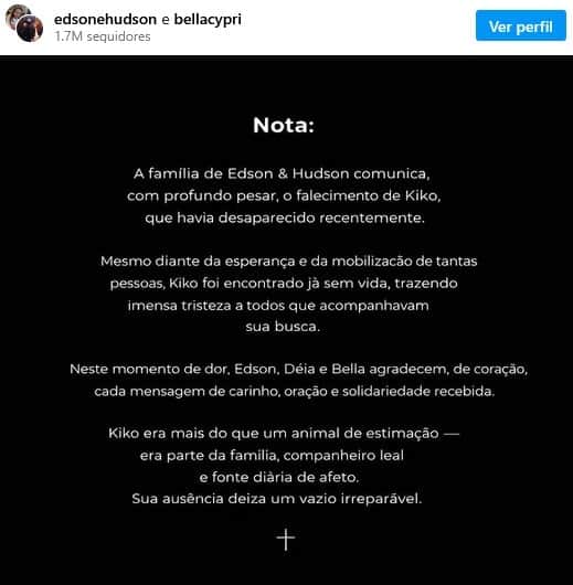 Edson, dupla de Hudson lamentou morte (Foto: Reprodução / Instagram) Edson, dupla de Hudson lamentou morte (Foto: Reprodução / Instagram)