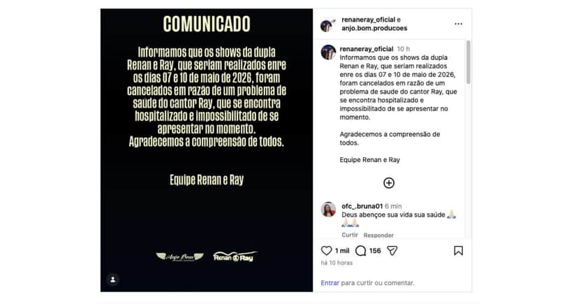 Assessor de cantor confirma cancelamento de shows da dupla Renan e Ray (Foto: Reprodução / Instagram) Assessor de cantor confirma cancelamento de shows da dupla Renan e Ray (Foto: Reprodução / Instagram)