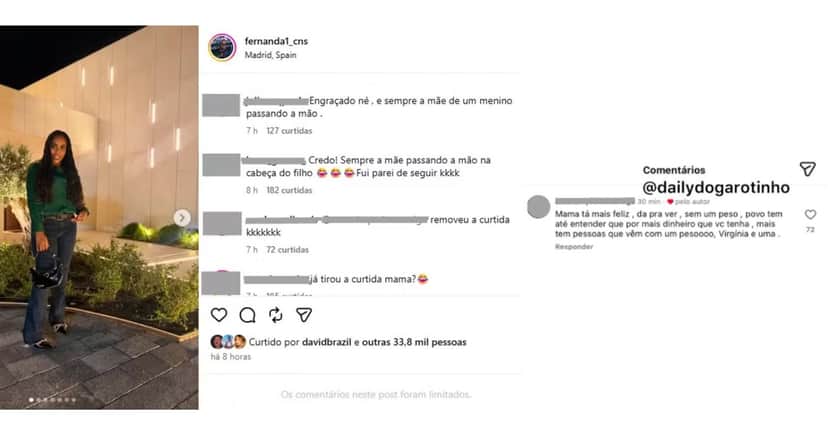 Fernanda Cristina, mãe de Vini Jr., curte comentário sobre término e Virginia Fonseca (Foto: Reprodução / Instagram) Fernanda Cristina, mãe de Vini Jr., curte comentário sobre término e Virginia Fonseca (Foto: Reprodução / Instagram)