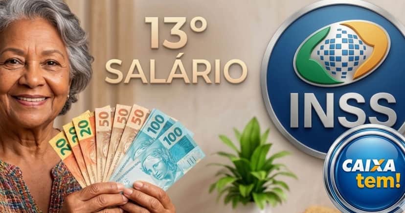 Idosa segurando notas de real, 13º do INSS e logo Caixa Tem (Foto: Montagem TV Foco / GMN) Idosa segurando notas de real, 13º do INSS e logo Caixa Tem (Foto: Montagem TV Foco / GMN)