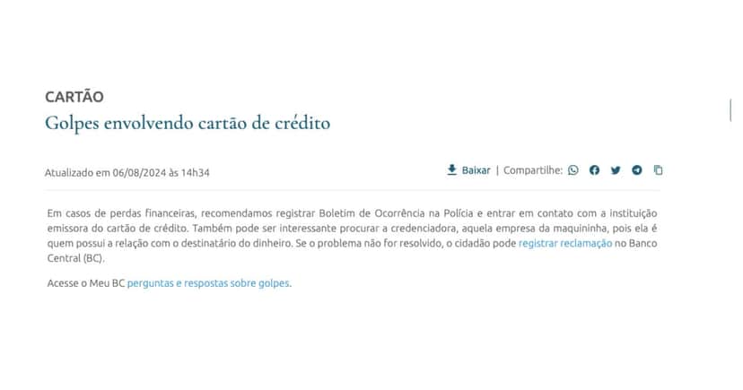 Informe do Banco Central sobre golpes em cartões (Foto: Reprodução / site oficial BC) Informe do Banco Central sobre golpes em cartões (Foto: Reprodução / site oficial BC)