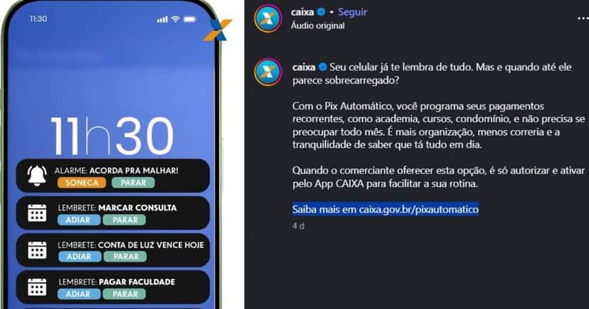 CAIXA anuncia o PIX Automático por meio das suas redes sociais oficiais (Foto Reprodução/Instagram/@Caixa) CAIXA anuncia o PIX Automático por meio das suas redes sociais oficiais (Foto Reprodução/Instagram/@Caixa)