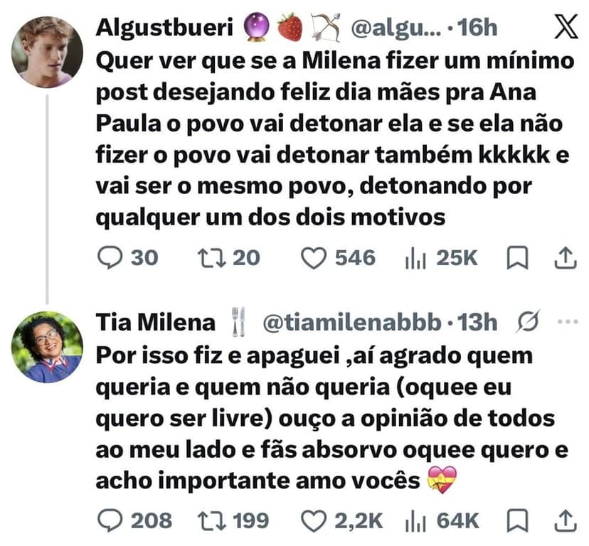 Milena se justifica após apagar post para Ana Paula (Foto: Reprodução / X) Milena se justifica após apagar post para Ana Paula (Foto: Reprodução / X)