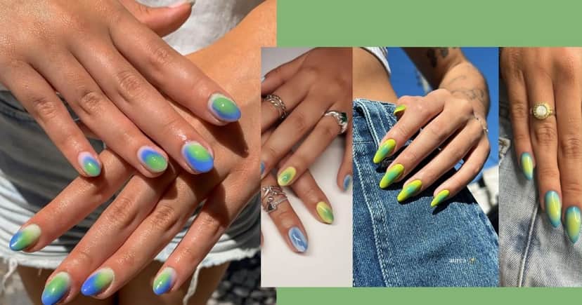 Tecnica Aura Nails nas unhas com as cores do Brasil (Foto Reprodução/Montagem/Lennita/TV Foco/Canva/Pinterest) Tecnica Aura Nails nas unhas com as cores do Brasil (Foto Reprodução/Montagem/Lennita/TV Foco/Canva/Pinterest)