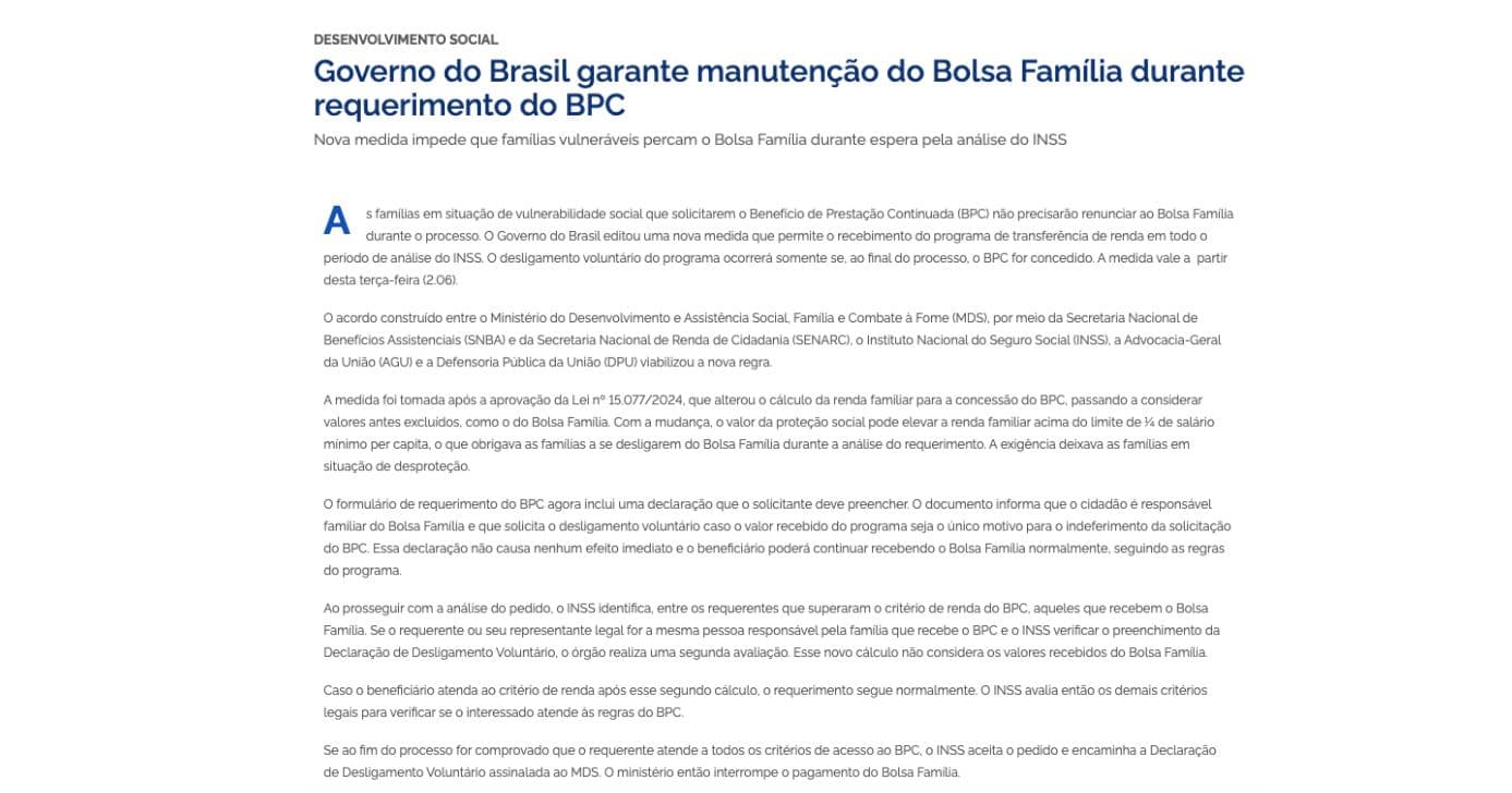Comunicado do Governo Federal sobre BPC e Bolsa Família (Foto: Governo Federal) Comunicado do Governo Federal sobre BPC e Bolsa Família (Foto: Governo Federal)