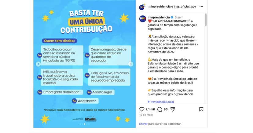 Comunicado do INSS sobre salário-maternidade (Foto: Reprodução / Instagram) Comunicado do INSS sobre salário-maternidade (Foto: Reprodução / Instagram)