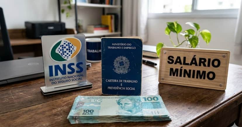 Ilustrações salário mínimo, INSS e carteira de trabalho (Foto: Montagem TV Foco / GMN) Ilustrações salário mínimo, INSS e carteira de trabalho (Foto: Montagem TV Foco / GMN)