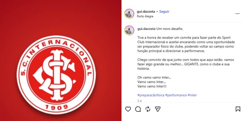 Guilherme da Costa é o novo reforço do Internacional (Reprodução: Instagram) Guilherme da Costa é o novo reforço do Internacional (Reprodução: Instagram)