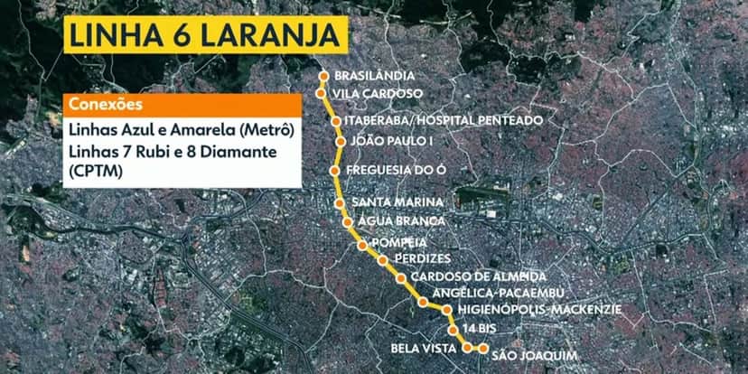 Percurso da Linha 6-Laranja (Reprodução: Metrô) Percurso da Linha 6-Laranja (Reprodução: Metrô)