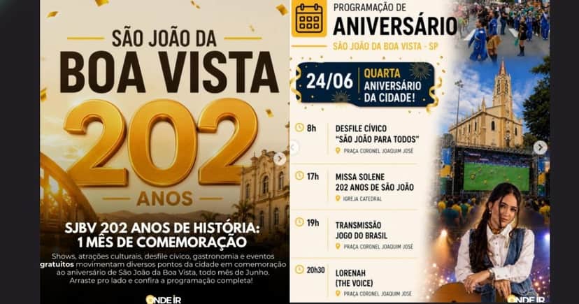 Programação aniversário de São João da Boa Vista no dia do feriado (Foto Reprodução/Montagem/TV Foco/Lennita/Instagram/ Programação aniversário de São João da Boa Vista no dia do feriado (Foto Reprodução/Montagem/TV Foco/Lennita/Instagram/