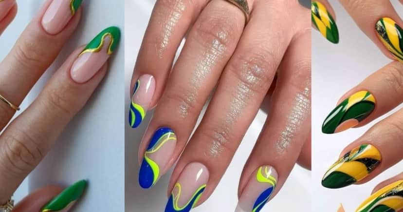 Técnica Swirl Nails formando ondas abstratas com as cores do Brasil (Foto Reprodução/Montagem/Lennita/TV Foco/Pinterest) Técnica Swirl Nails formando ondas abstratas com as cores do Brasil (Foto Reprodução/Montagem/Lennita/TV Foco/Pinterest)
