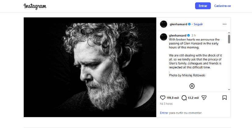 Comunicado da morte de Glen Hansard (Foto: Reprodução/ Instagram) Comunicado da morte de Glen Hansard (Foto: Reprodução/ Instagram)