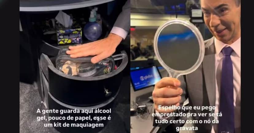César Tralli revelando por meio de um vídeo publicado nas redes sociais o que tem escondido na bancada do JN (Foto Reprodução/Montagem/Instagram) César Tralli revelando por meio de um vídeo publicado nas redes sociais o que tem escondido na bancada do JN (Foto Reprodução/Montagem/Instagram)