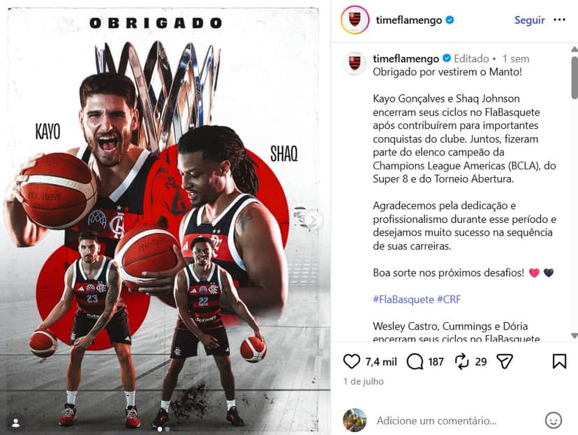 Flamengo confirmou reformulação no elenco de Basquete (Foto: Reprodução/ Instagram) Flamengo confirmou reformulação no elenco de Basquete (Foto: Reprodução/ Instagram)