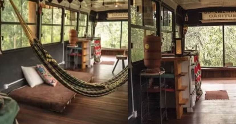 Interior do ônibus que virou o lar de Angel Ferreira (Foto Reprodução/Montagem/Instagram) Interior do ônibus que virou o lar de Angel Ferreira (Foto Reprodução/Montagem/Instagram)